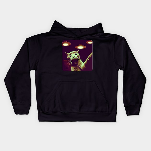 Scared Funny Cat Selfie With UFOs Behind Kids Hoodie by KromADesign